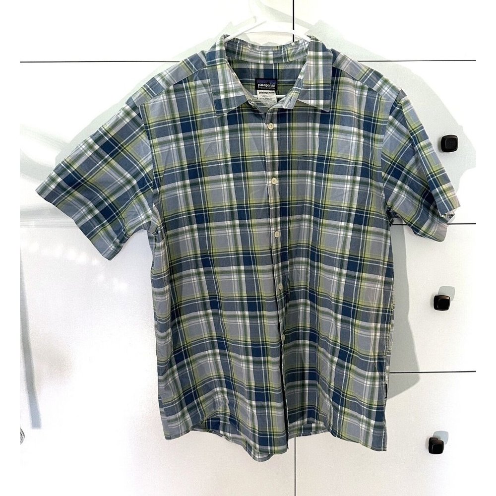 Patagonia Short Sleeve Button Up Shirt Fezzman Style Large Blue Green Plaid
